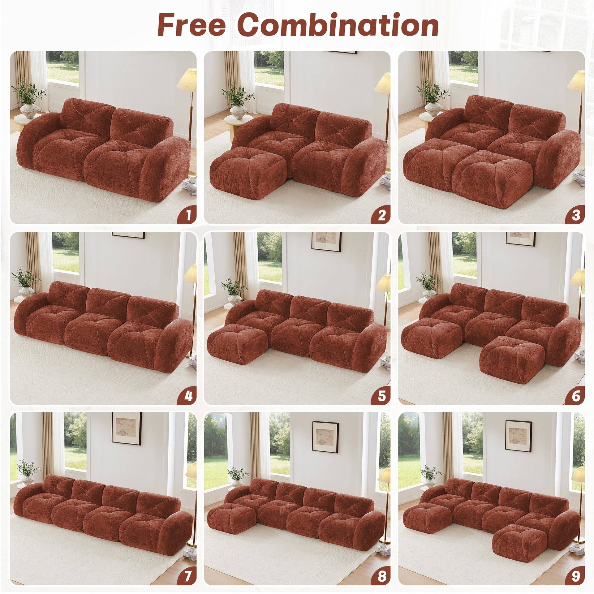 U-shaped Boneless Sofa,Soft Velvet Fabric,Tufted Design,32D High Density Sponge,No Assembly Required,Ergonomic Design Bottom, Anti-Slip Design,Movable Ottomans For Bedrooms,Red Brown