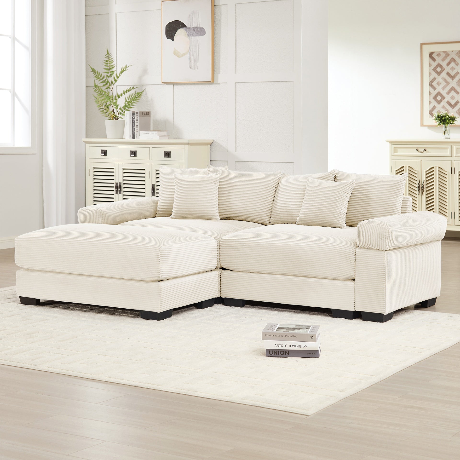 82.6" Oversized Cloud Modular L-Shape Sectional Couch, Soft Corduroy Fabric,With An Ottoman, Deep Seat Wide Armrests,Ergonomic Design,6 Throw Pillows, Easy Assembly, For Living Rooms,Cream