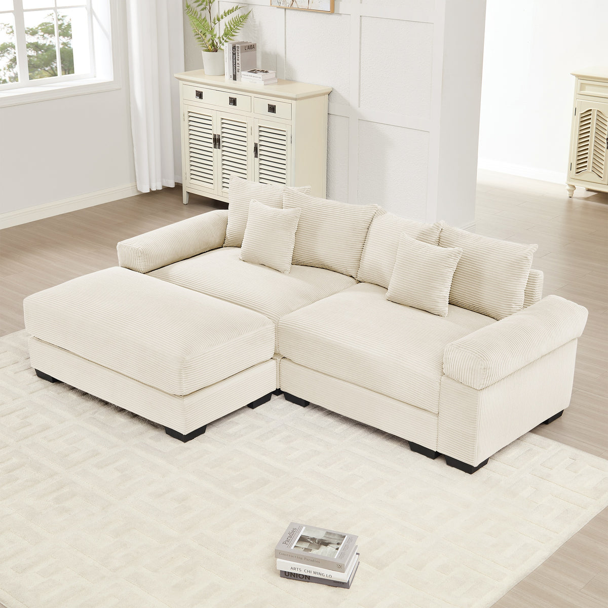 82.6" Oversized Cloud Modular L-Shape Sectional Couch, Soft Corduroy Fabric,With An Ottoman, Deep Seat Wide Armrests,Ergonomic Design,6 Throw Pillows, Easy Assembly, For Living Rooms,Cream
