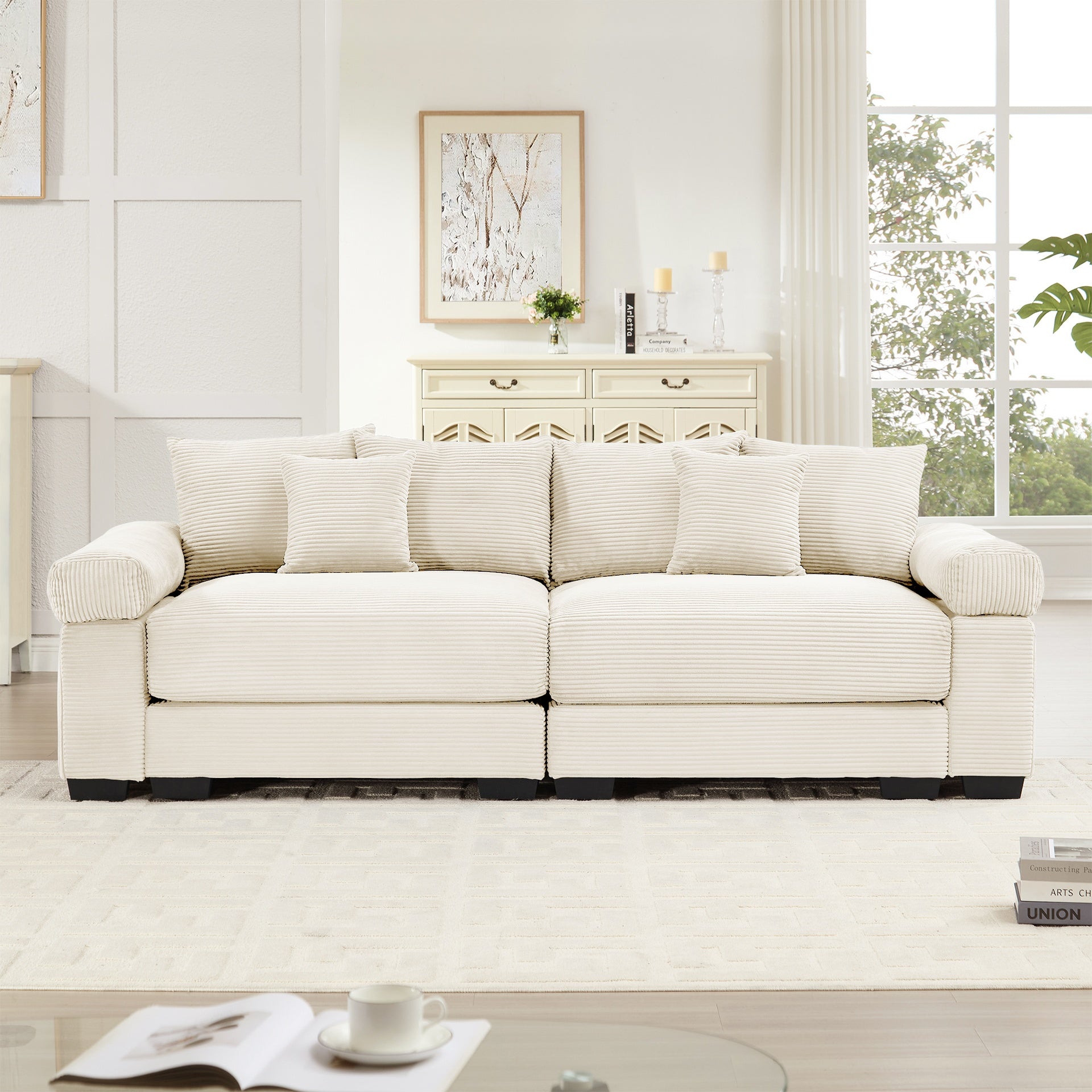 92" Oversized Cloud Modular Sectional Couch,Corduroy Fabric Extra-Wide Armrests Throw Pillows Ergonomic Design High Resilience Cushion Easy Assembly,For Living Rooms Bedrooms,Cream