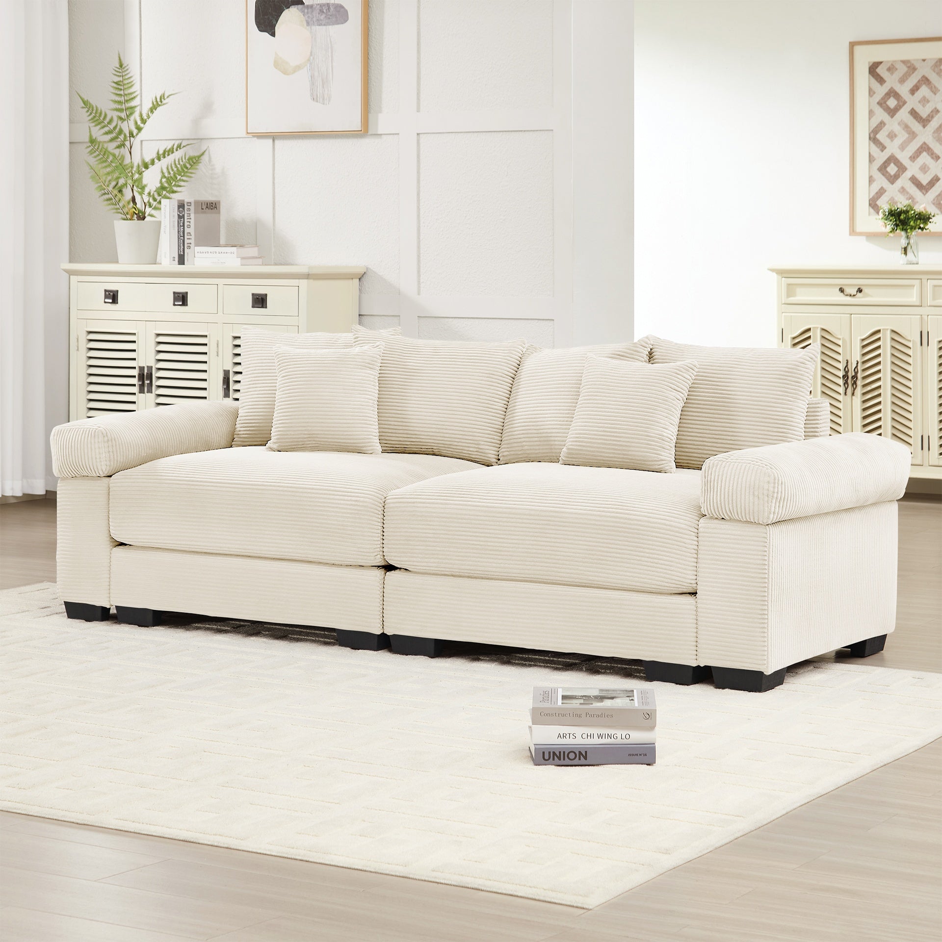 92" Oversized Cloud Modular Sectional Couch,Corduroy Fabric Extra-Wide Armrests Throw Pillows Ergonomic Design High Resilience Cushion Easy Assembly,For Living Rooms Bedrooms,Cream