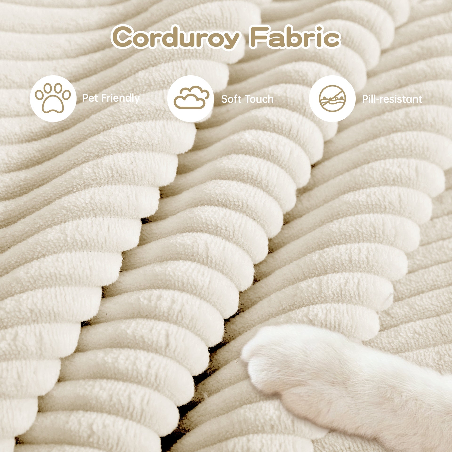 92" Oversized Cloud Modular Sectional Couch,Corduroy Fabric Extra-Wide Armrests Throw Pillows Ergonomic Design High Resilience Cushion Easy Assembly,For Living Rooms Bedrooms,Cream