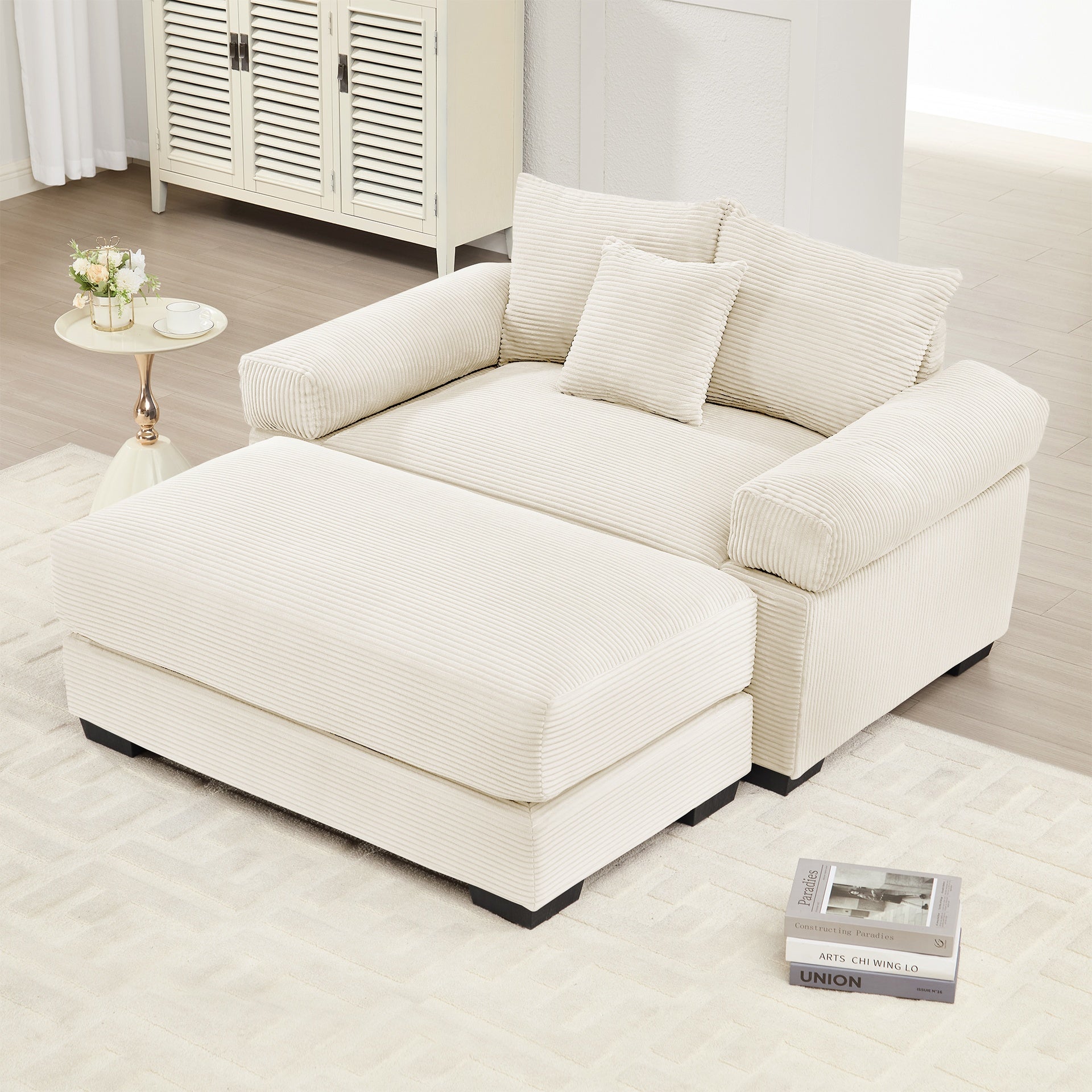 54.3" Oversized Cloud Modular Sectional Couch,Corduroy Fabric Extra-Thick Armrests,Throw Pillows Ottoman, Ergonomic Design, Easy Assembly Fits Living Rooms Bedrooms,Cream