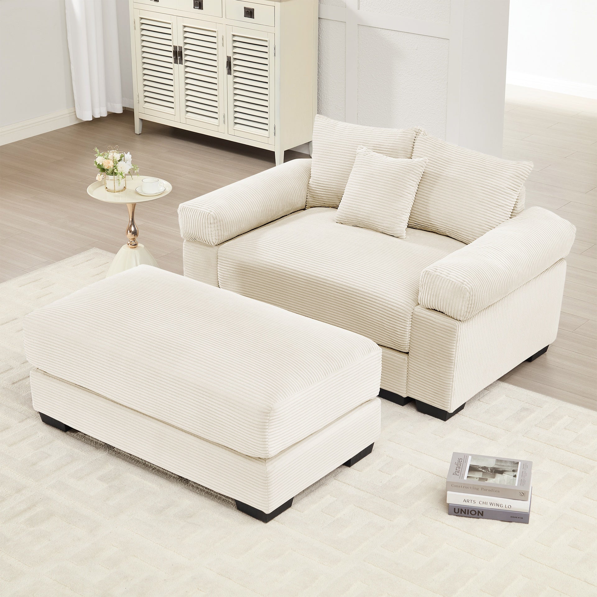 54.3" Oversized Cloud Modular Sectional Couch,Corduroy Fabric Extra-Thick Armrests,Throw Pillows Ottoman, Ergonomic Design, Easy Assembly Fits Living Rooms Bedrooms,Cream