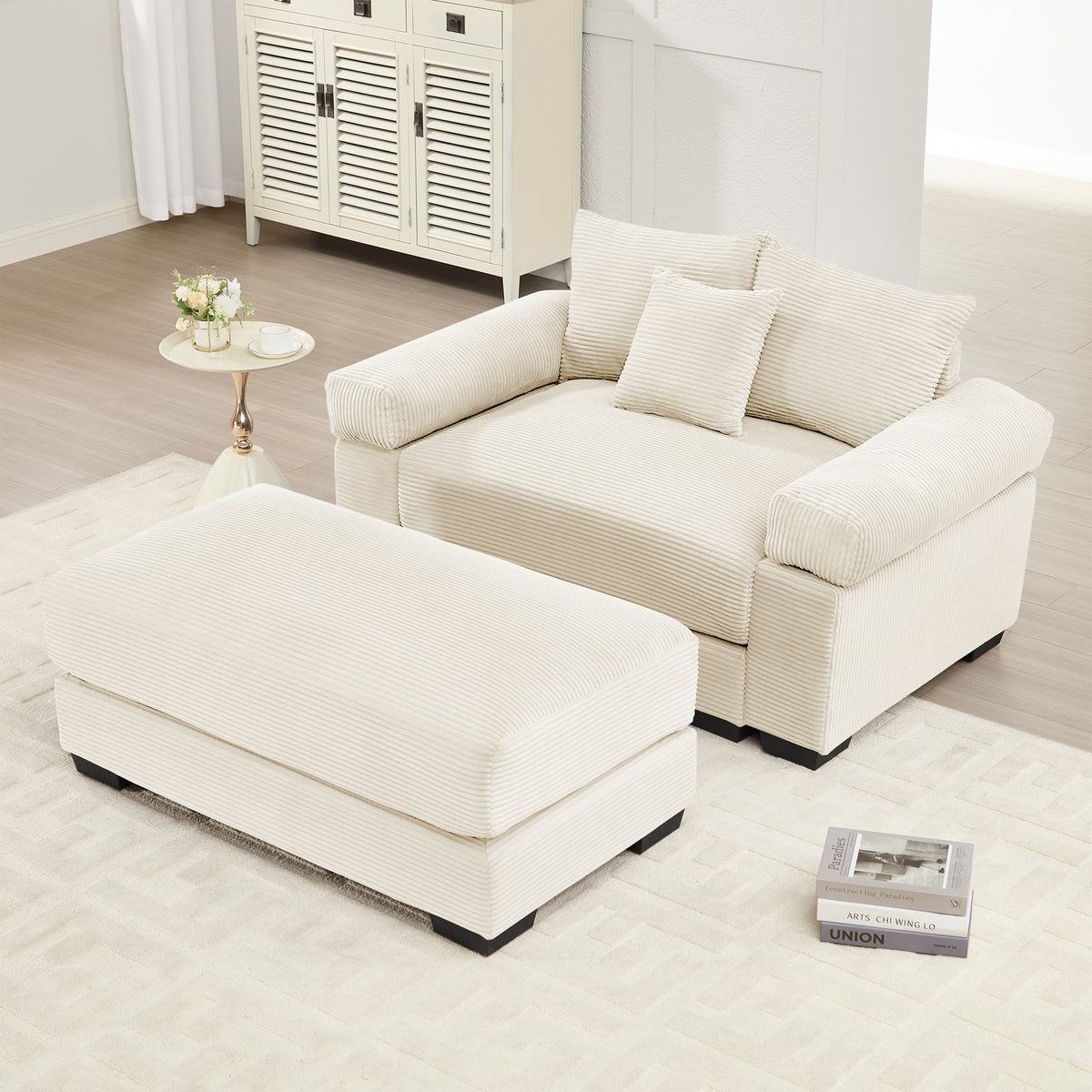 54.3" Oversized Cloud Modular Sectional Couch,Corduroy Fabric Extra-Thick Armrests,Throw Pillows Ottoman, Ergonomic Design, Easy Assembly Fits Living Rooms Bedrooms,Cream