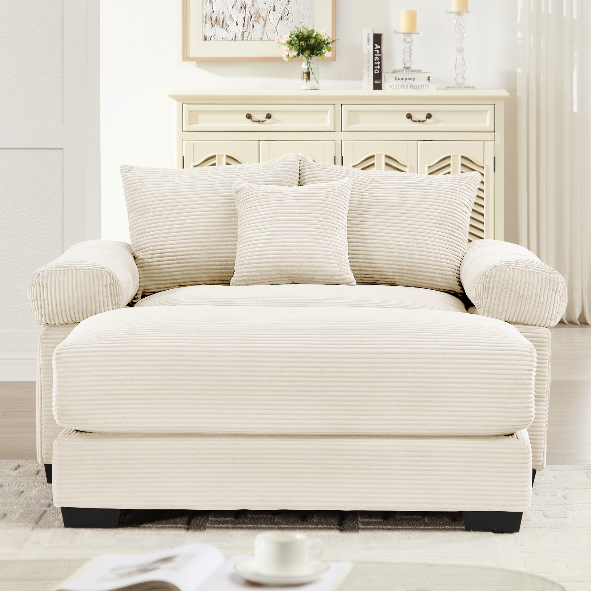 54.3" Oversized Cloud Modular Sectional Couch,Corduroy Fabric Extra-Thick Armrests,Throw Pillows Ottoman, Ergonomic Design, Easy Assembly Fits Living Rooms Bedrooms,Cream