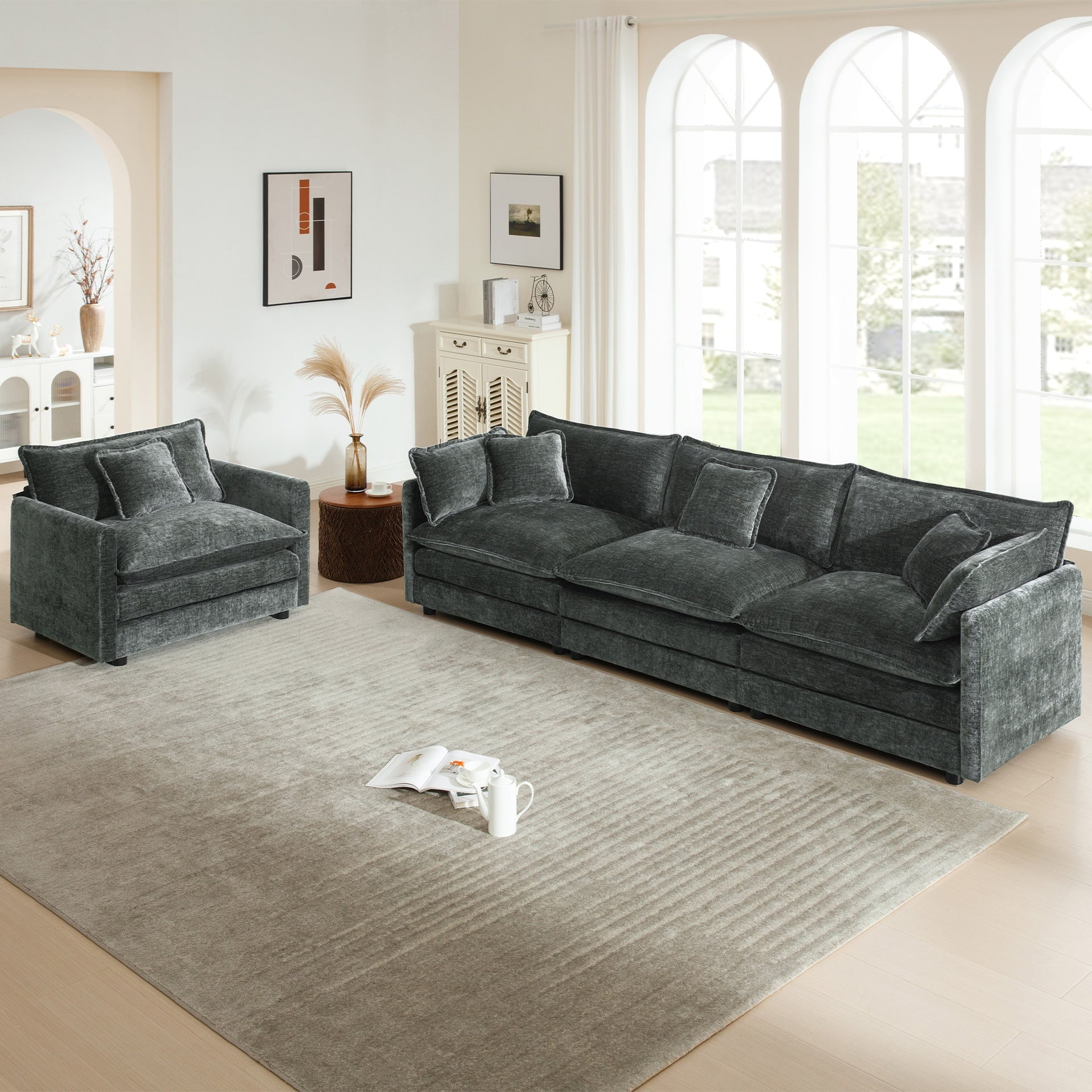 2-Piece Upholstered Sofa, Living Room Sectional Sofa Set Modern Sofa Couches Set , Deep Seat Sofa for Living Room Apartment, 1+3 Seat Gray Chenille