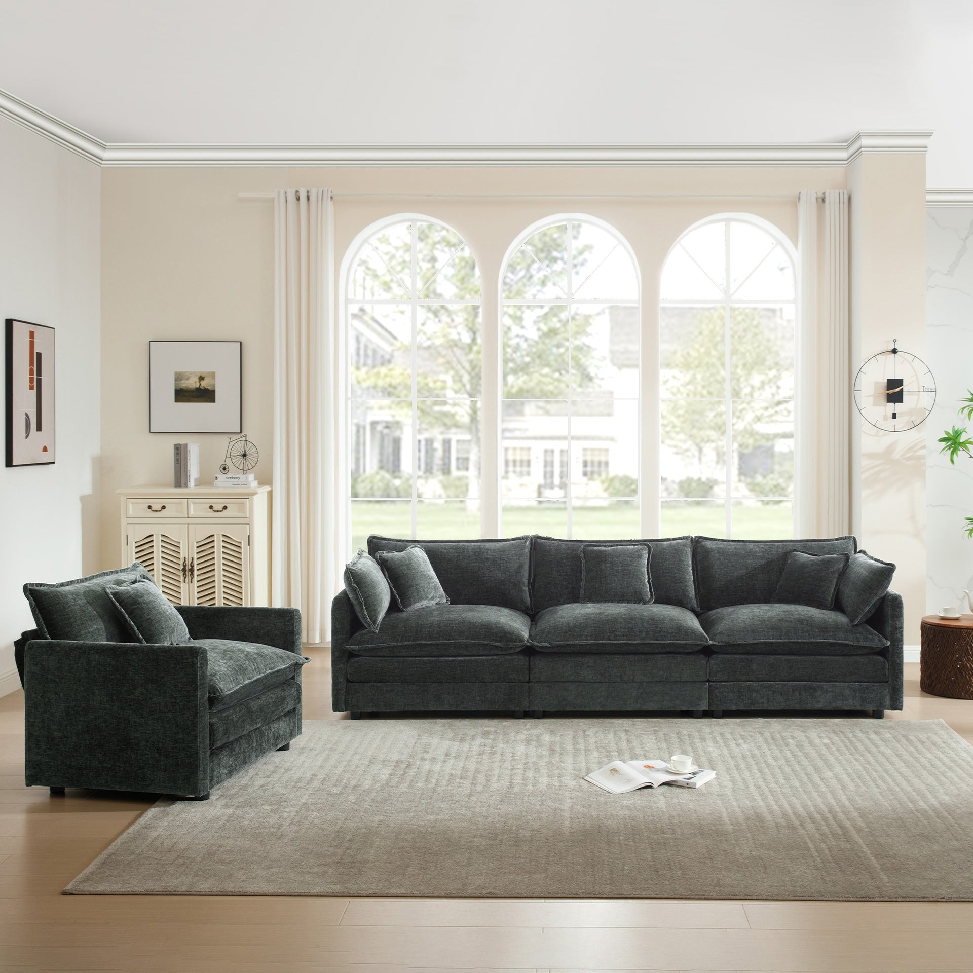 2-Piece Upholstered Sofa, Living Room Sectional Sofa Set Modern Sofa Couches Set , Deep Seat Sofa for Living Room Apartment, 1+3 Seat Gray Chenille