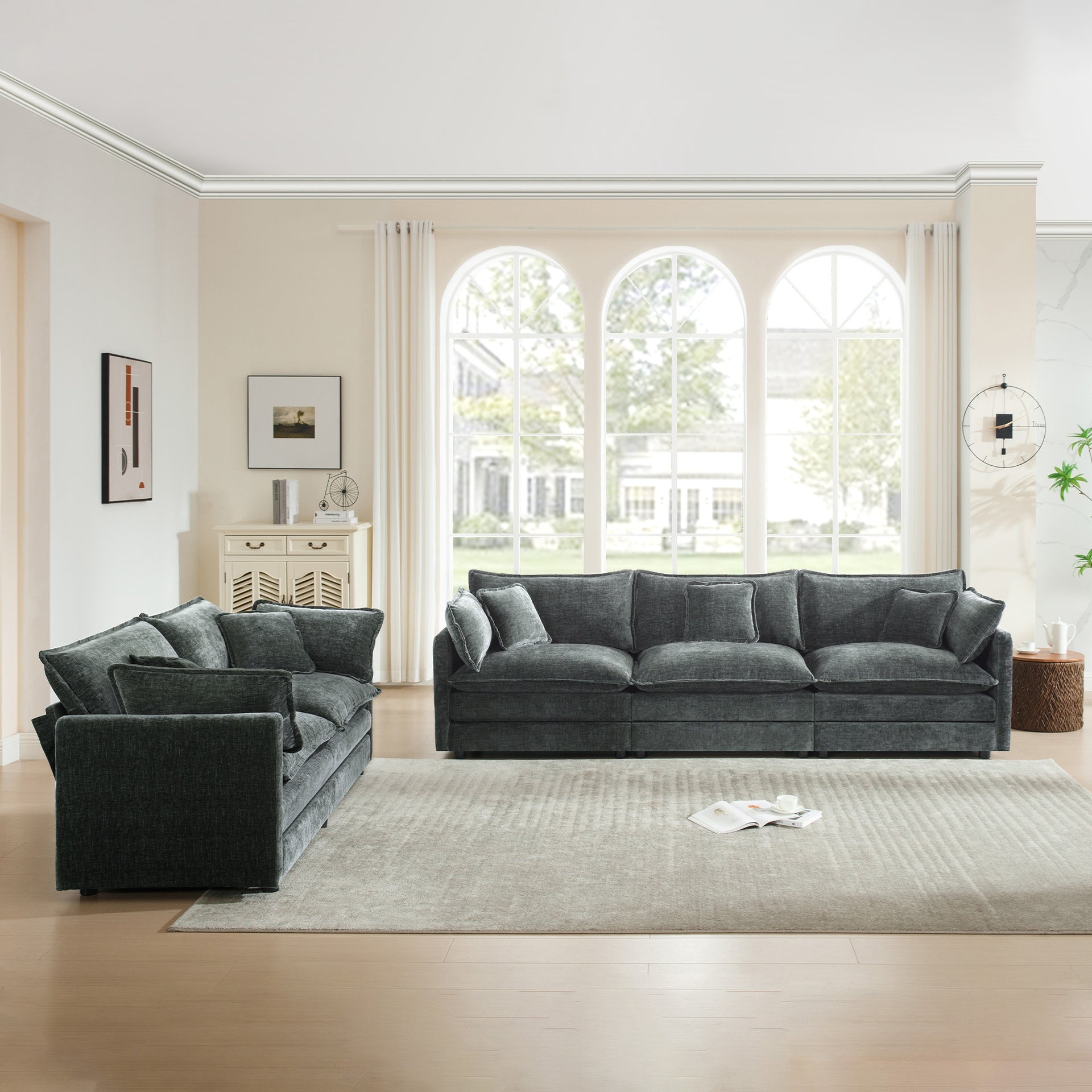 2-Piece Upholstered Sofa, Living Room Sectional Sofa Set Modern Sofa Couches Set , Deep Seat Sofa for Living Room Apartment, 1+3 Seat Gray Chenille