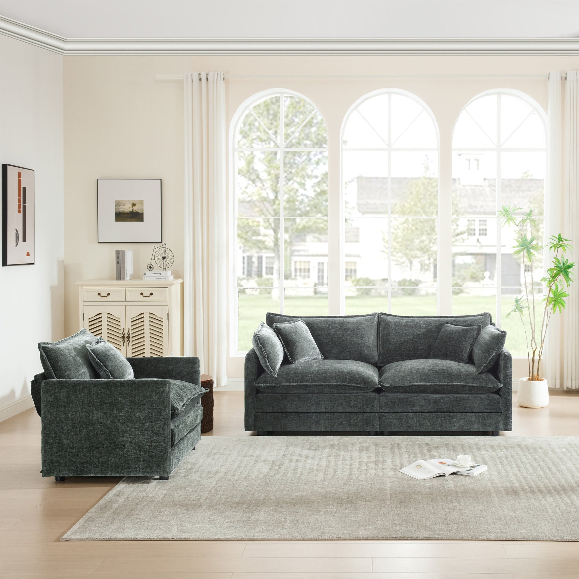 2 Seater Loveseat and Chair Set, 2 Piece Sofa & Chair Set, Loveseat and Accent Chair , 2-Piece Upholstered Chenille Sofa Living Room Couch Furniture(1+2 Seat ) ,Gray Chenille