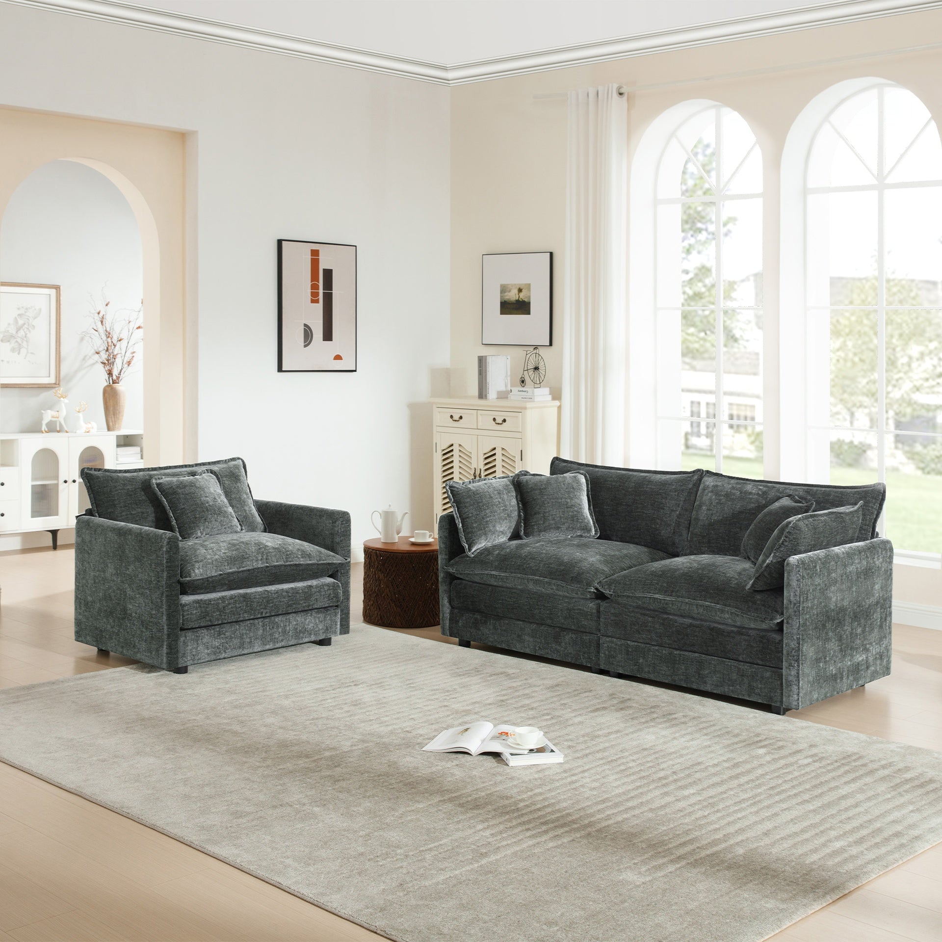 2 Seater Loveseat and Chair Set, 2 Piece Sofa & Chair Set, Loveseat and Accent Chair , 2-Piece Upholstered Chenille Sofa Living Room Couch Furniture(1+2 Seat ) ,Gray Chenille