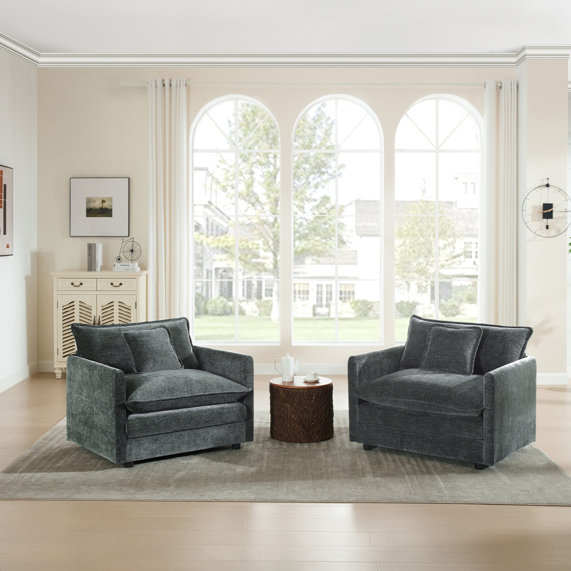 Accent Chair Set of 2, High-end Chenille Upholstered Armchairs, Living Room Side Chairs with Toss Pillow, Gray Chenille