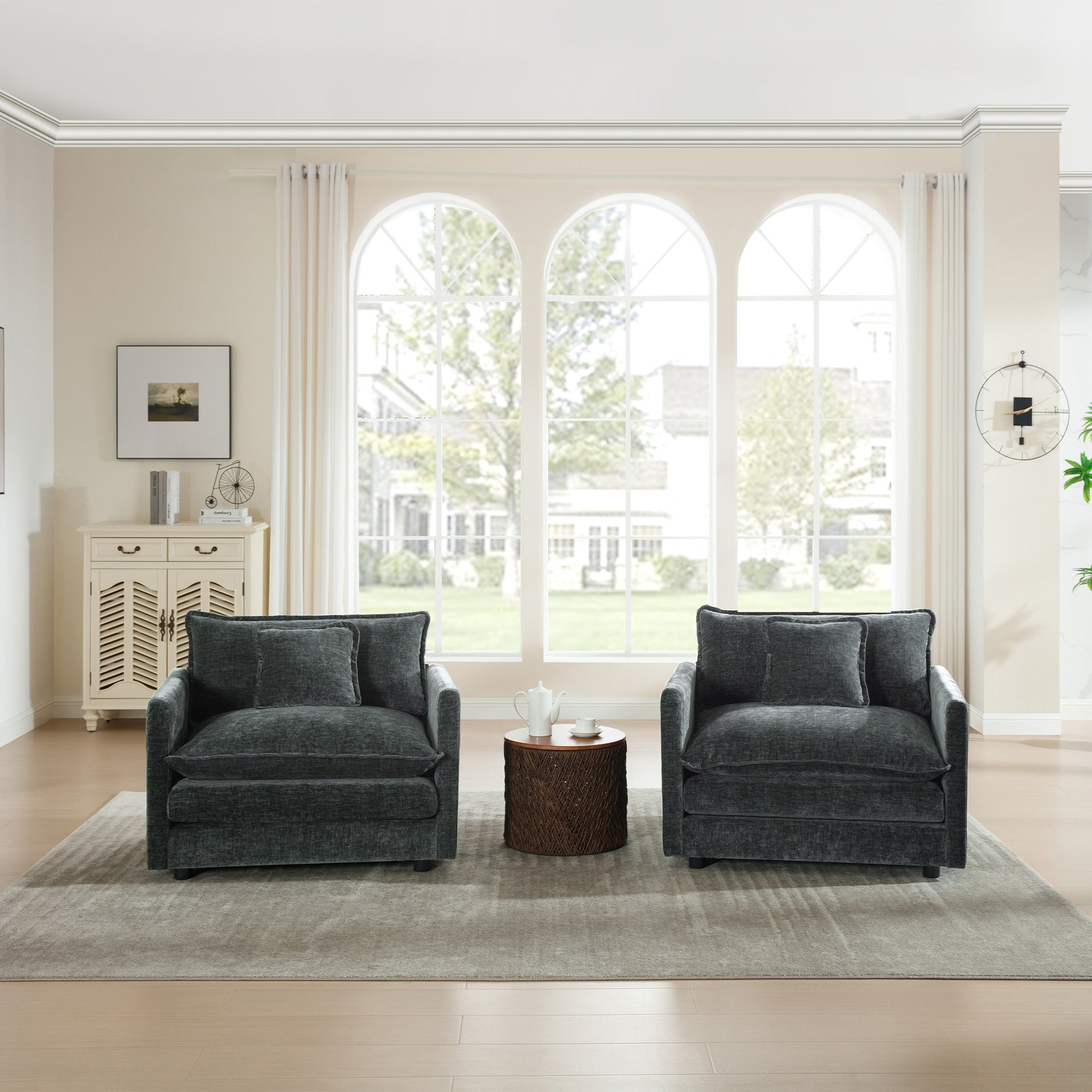 Accent Chair Set of 2, High-end Chenille Upholstered Armchairs, Living Room Side Chairs with Toss Pillow, Gray Chenille