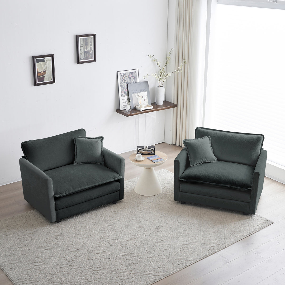 Accent Chair Set of 2, High-end Chenille Upholstered Armchairs, Living Room Side Chairs with Toss Pillow, Gray Chenille