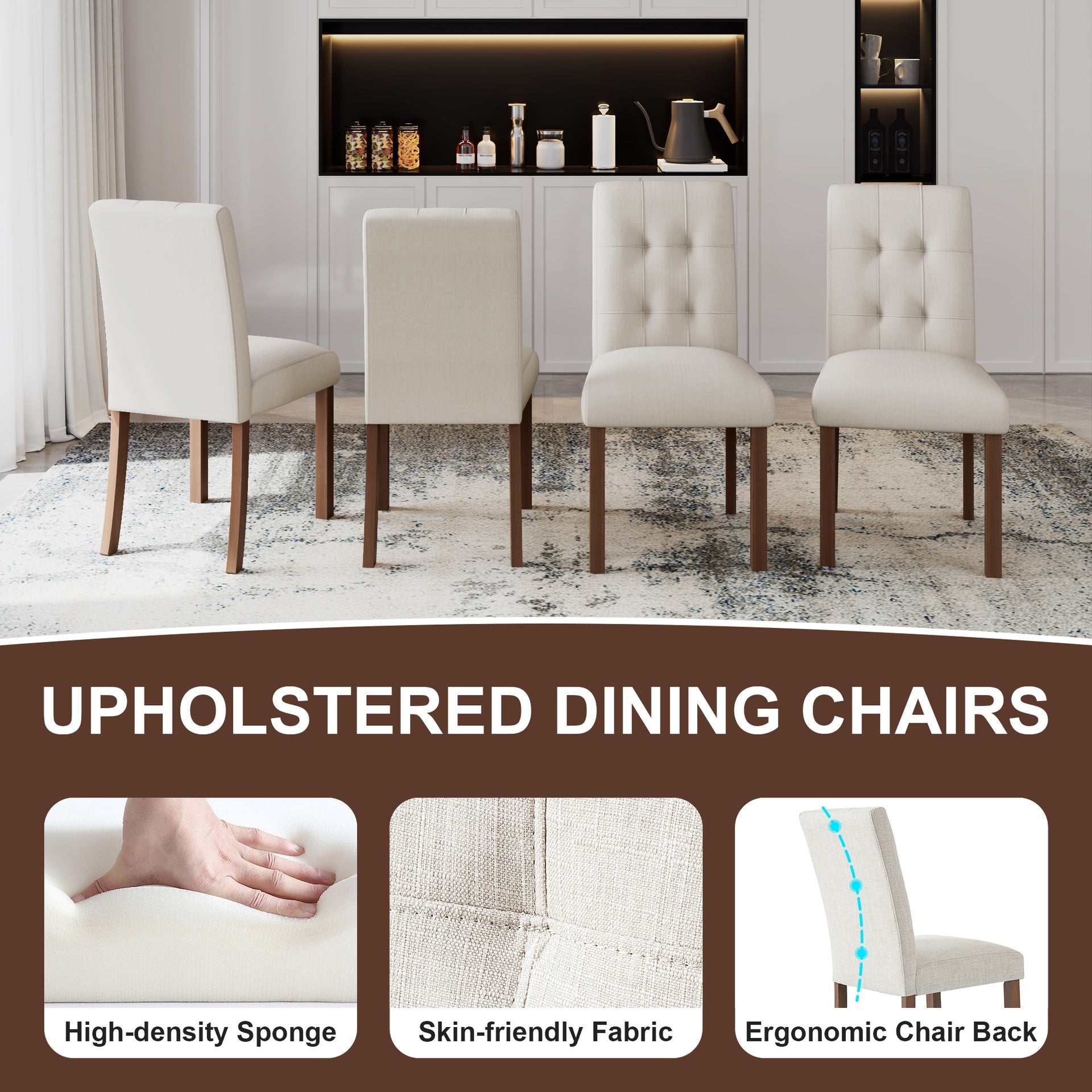 Wooden Dining Chairs Set of 4, Modern Dining Room Chairs with Back, Fabric Kitchen Side Chairs with Wood Legs, Beige + Walnut