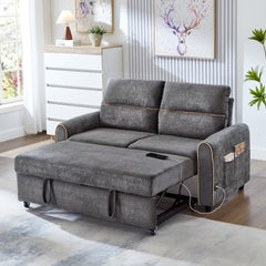 Chenille Pull Out Sofa Bed, 58-inch Sofa Bed, Sleeper Sofa, Loveseat Sofa  with Adjustable 3 -Position Backrest, 4 Side Pockets and Charging Ports for Living Room, Gray