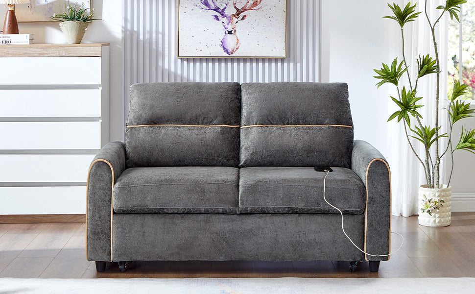 Chenille Pull Out Sofa Bed, 58-inch Sofa Bed, Sleeper Sofa, Loveseat Sofa  with Adjustable 3 -Position Backrest, 4 Side Pockets and Charging Ports for Living Room, Gray