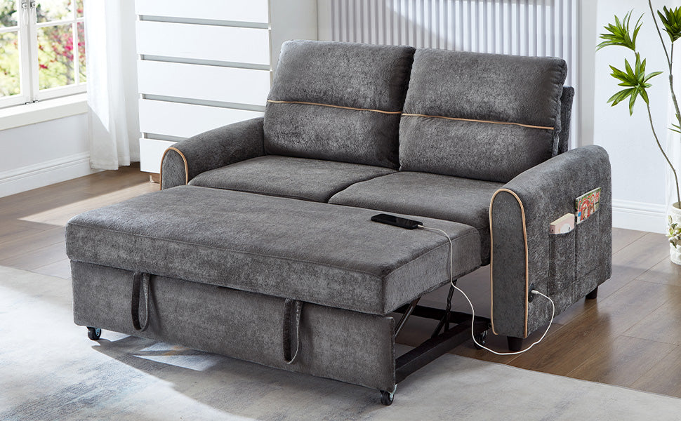 Chenille Pull Out Sofa Bed, 58-inch Sofa Bed, Sleeper Sofa, Loveseat Sofa  with Adjustable 3 -Position Backrest, 4 Side Pockets and Charging Ports for Living Room, Gray