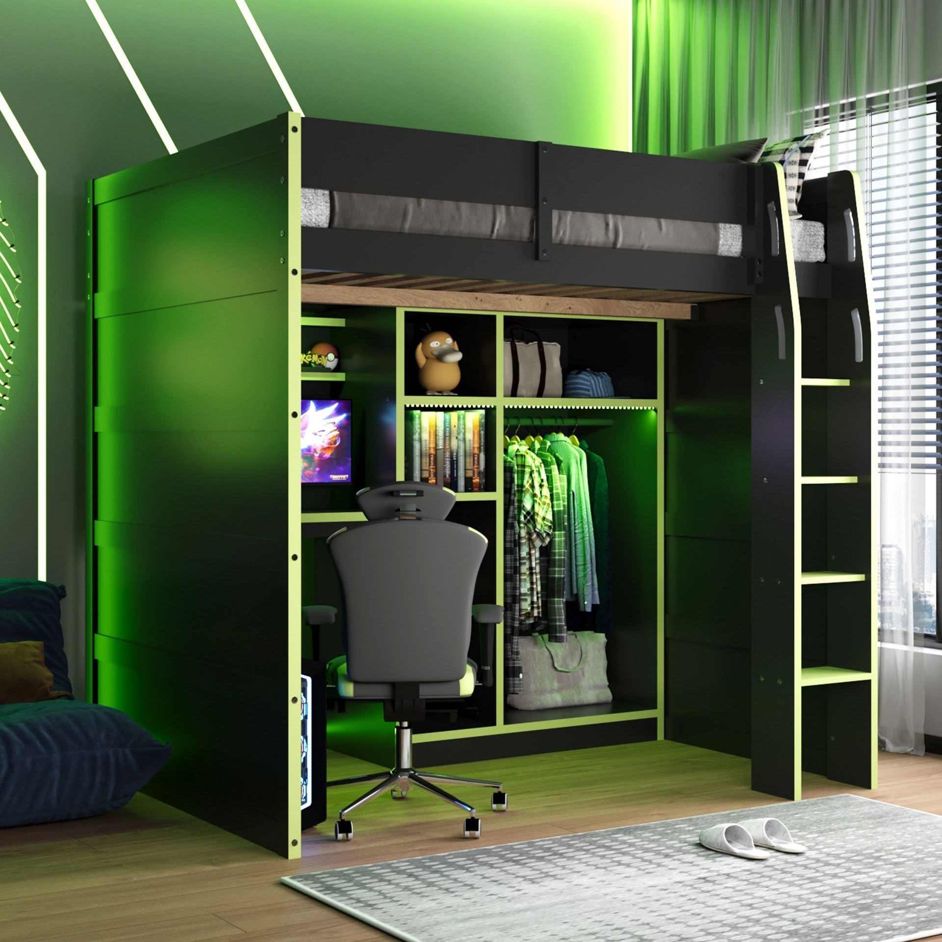 Full Size Wood Loft Bed with Desk,Open Wardrobe,Storage Compartments and RGB Lights,Green