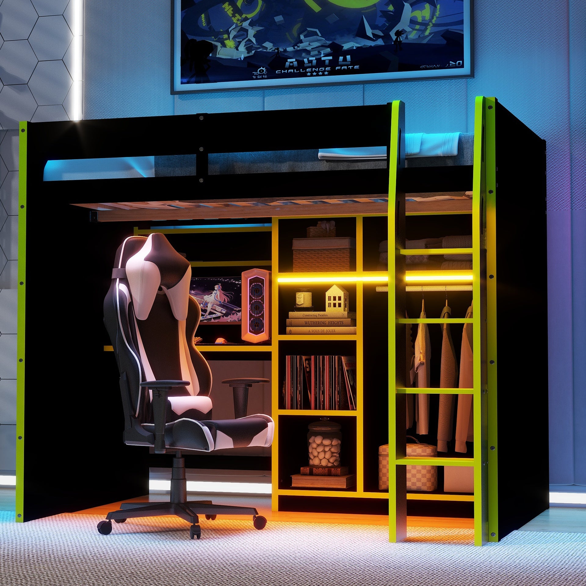 Full Size Wood Loft Bed with Desk,Open Wardrobe,Storage Compartments and RGB Lights,Green