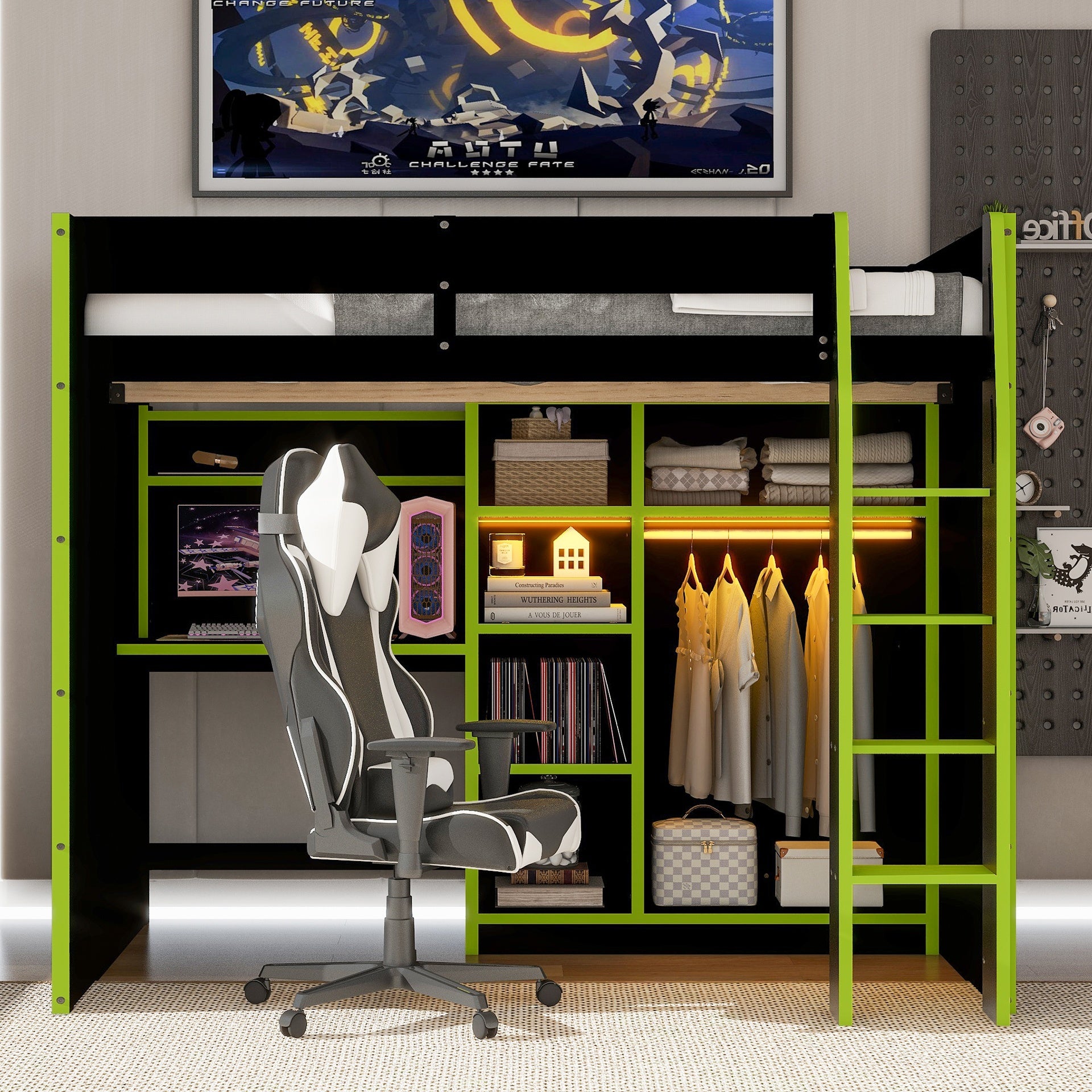 Full Size Wood Loft Bed with Desk,Open Wardrobe,Storage Compartments and RGB Lights,Green