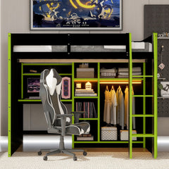 Full Size Wood Loft Bed with Desk,Open Wardrobe,Storage Compartments and RGB Lights,Green