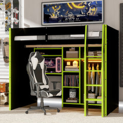 Full Size Wood Loft Bed with Desk,Open Wardrobe,Storage Compartments and RGB Lights,Green