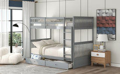 Twin-Over-Twin Bunk Bed with Ladders and Two Storage Drawers (Gray)