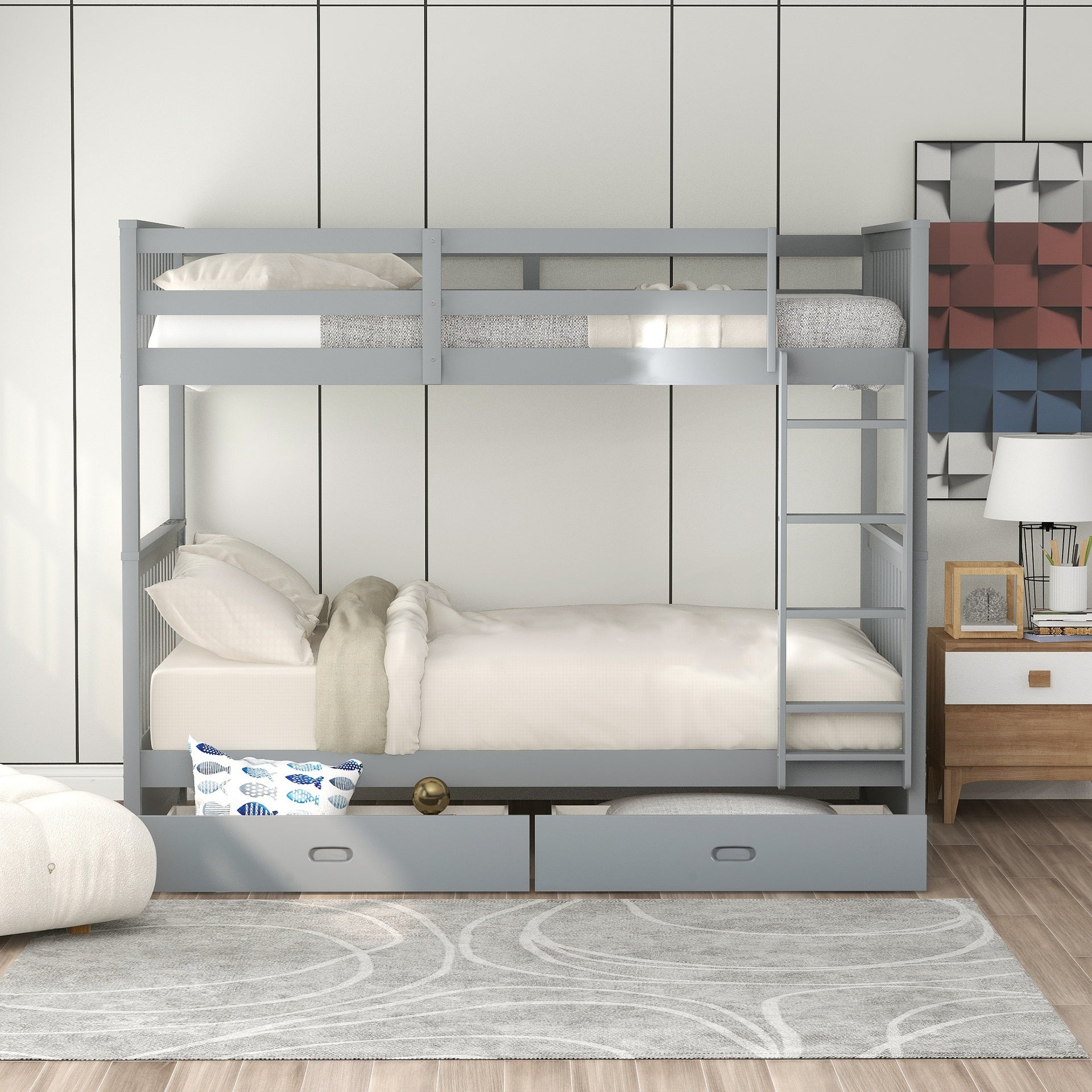 Twin-Over-Twin Bunk Bed with Ladders and Two Storage Drawers (Gray)