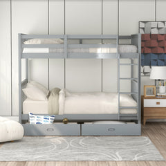 Twin-Over-Twin Bunk Bed with Ladders and Two Storage Drawers (Gray)
