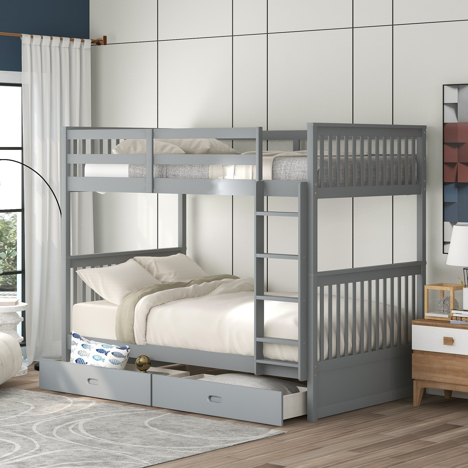 Twin-Over-Twin Bunk Bed with Ladders and Two Storage Drawers (Gray)