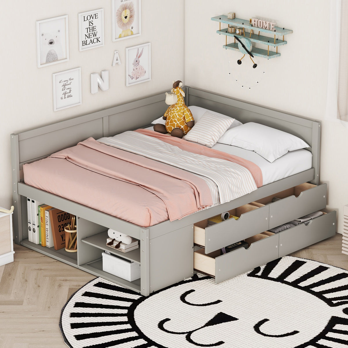 Full Size Daybed with Drawers and Shelves, Gray