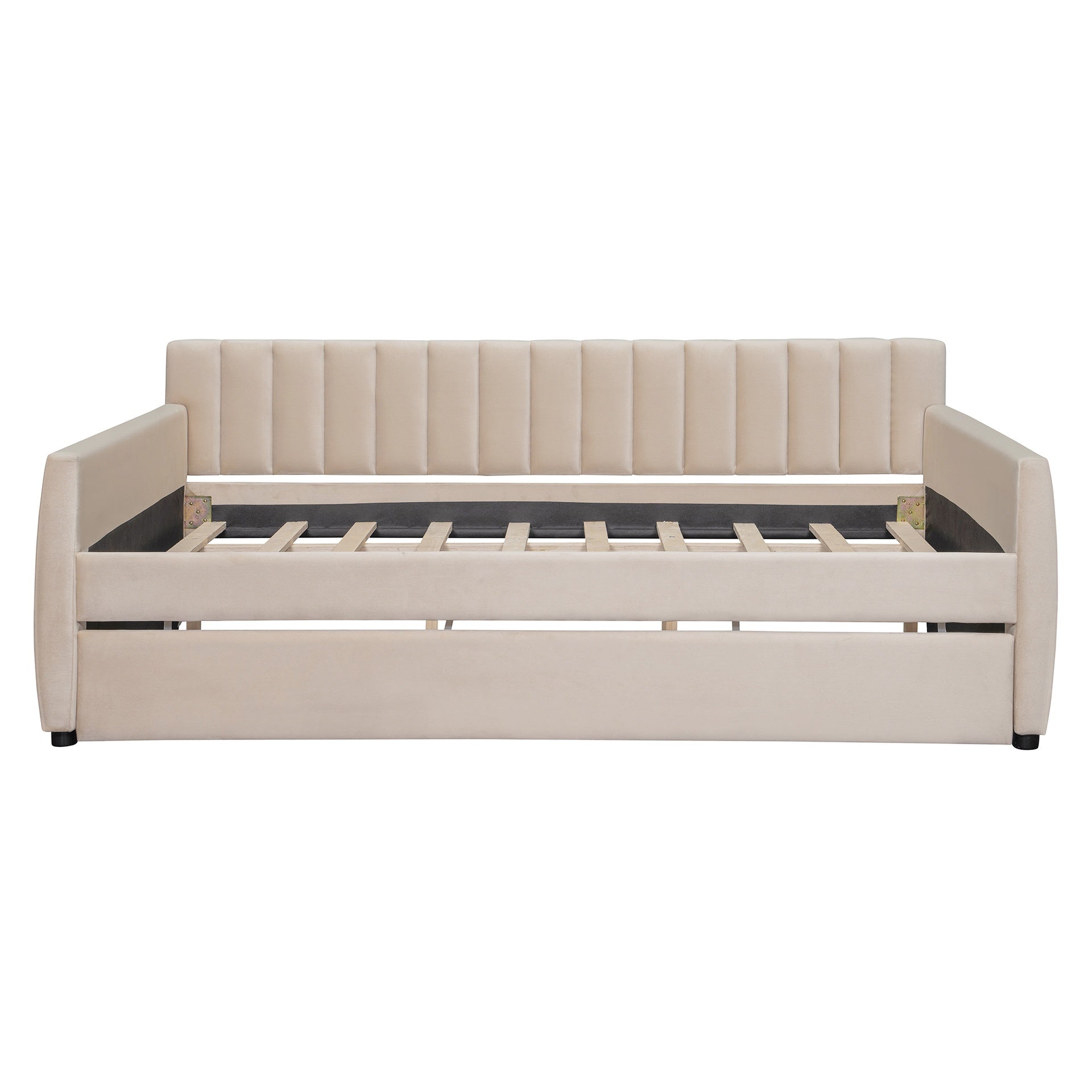 Full Size Upholstered daybed with Trundle and Wood Slat Support, Beige