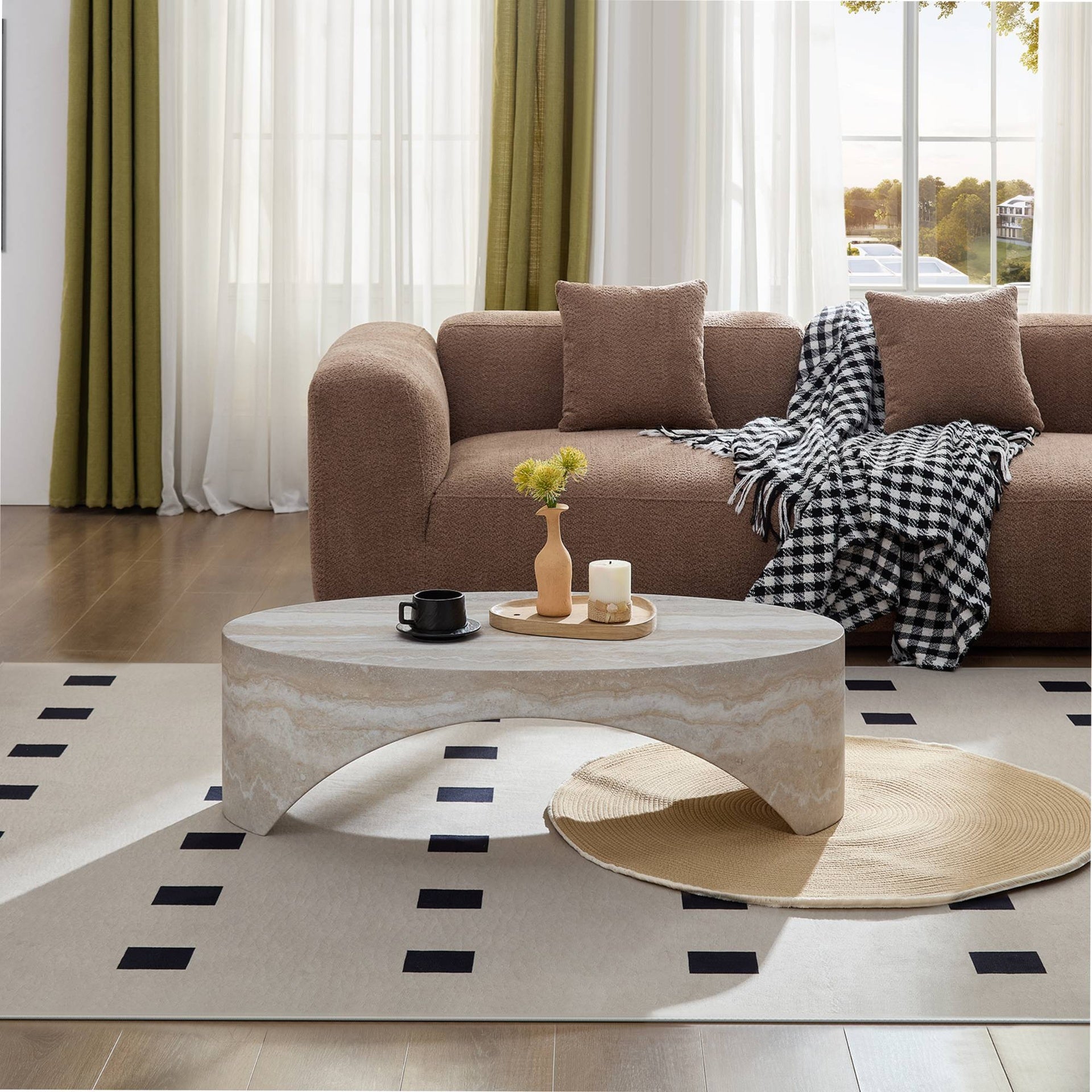The oval natural marble coffee table side table in the living room