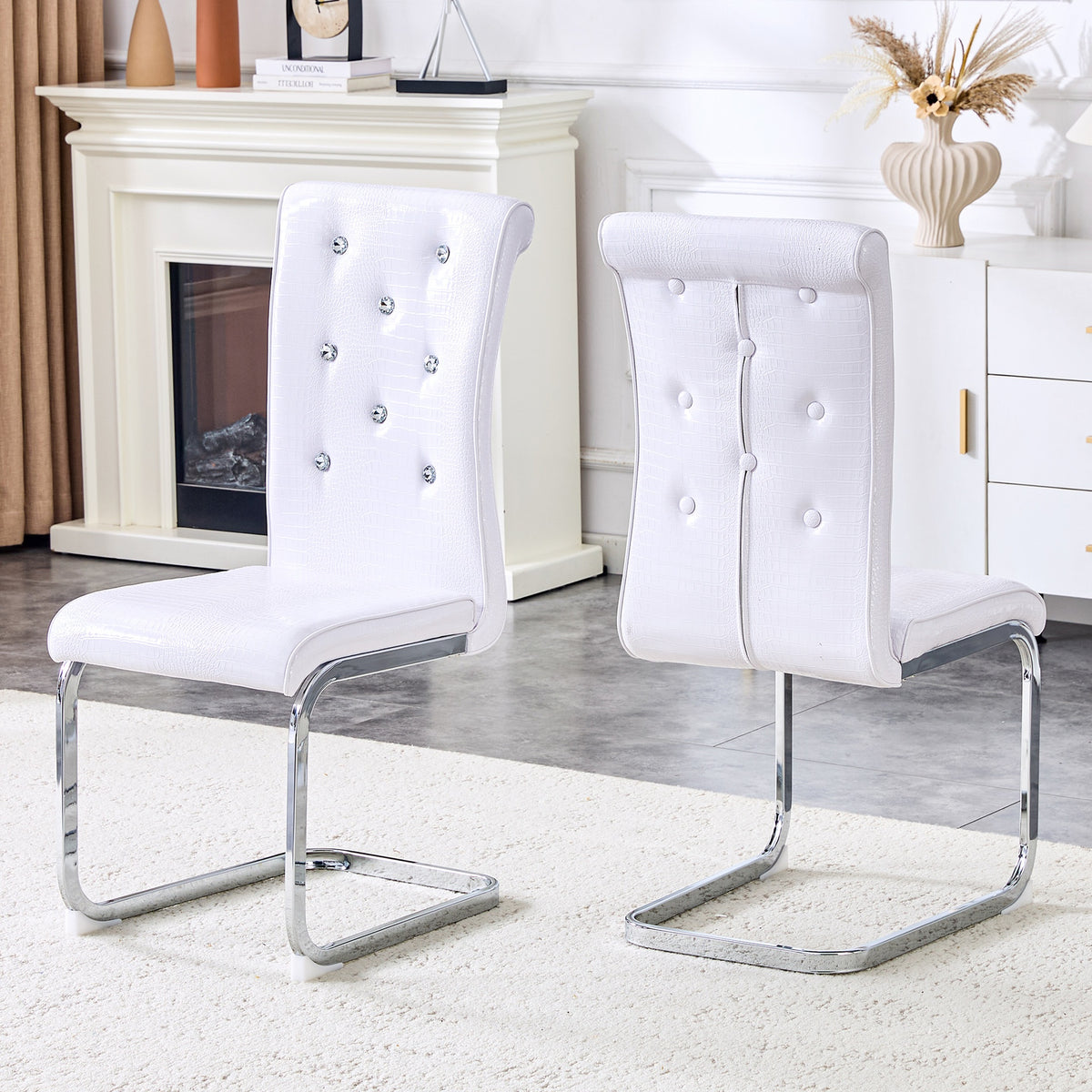 Set of 2,Retro alligator skin Upholstered dining chairs,with Crystal buckle design and Faux Leather design,a touch of elegance and mystery to the dining area,Electroplated metal legs