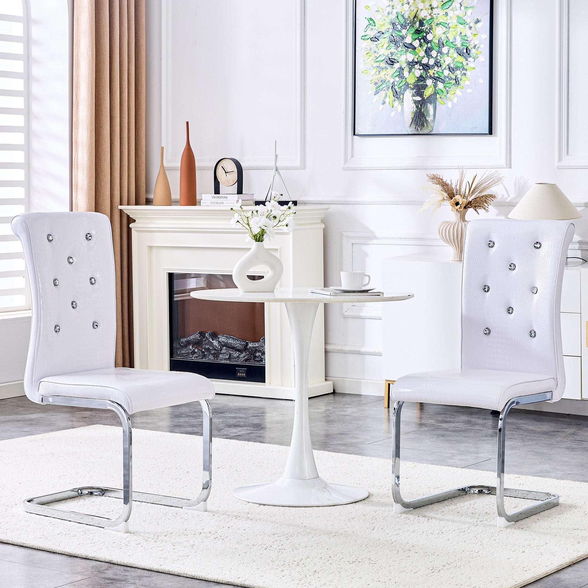 Set of 2,Retro alligator skin Upholstered dining chairs,with Crystal buckle design and Faux Leather design,a touch of elegance and mystery to the dining area,Electroplated metal legs