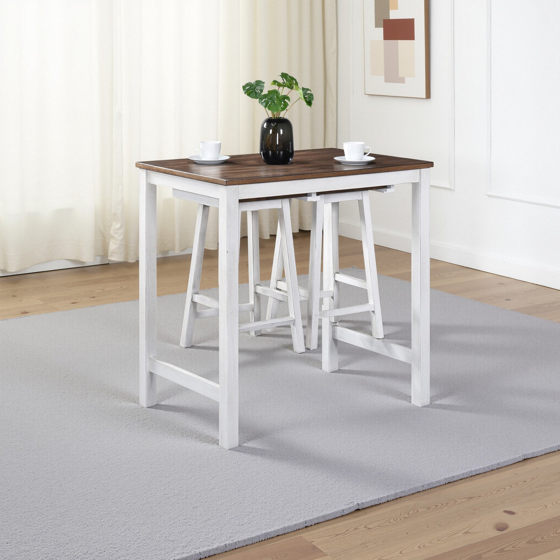 [3-Piece Counter Height Dining Set] Space-Saving Table with 2 Stools, Rustic Dark Oak Finish, Easy to Clean