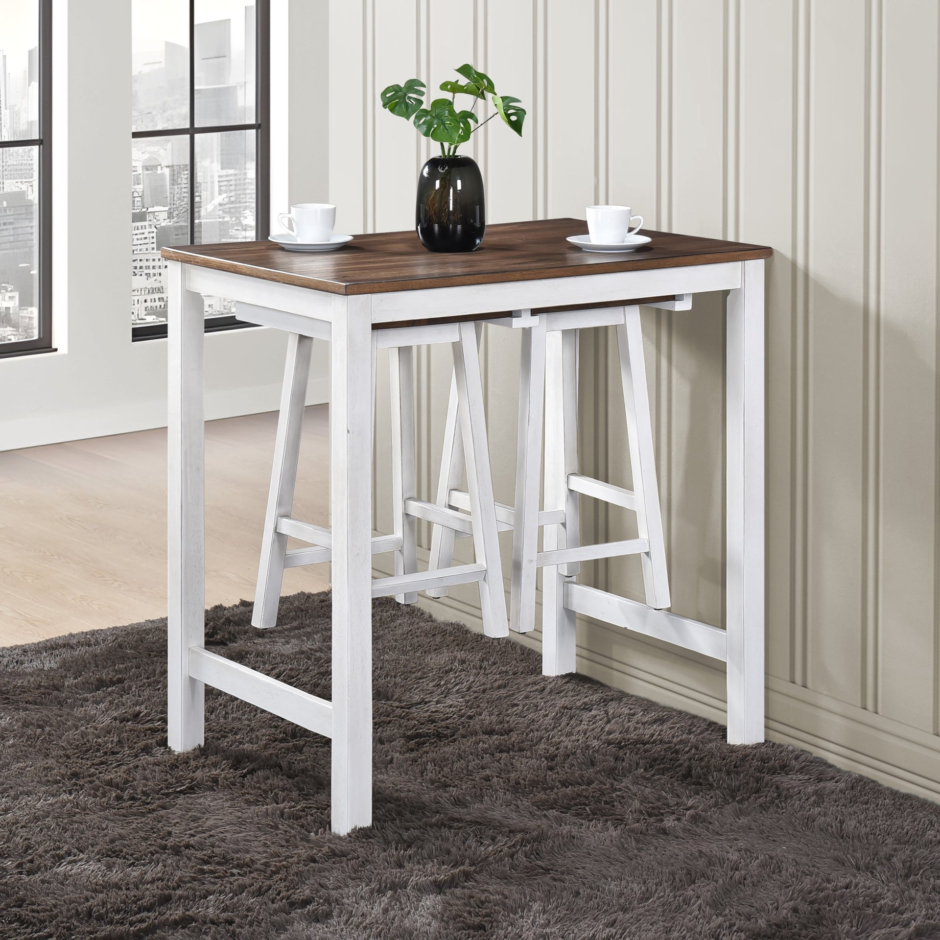 [3-Piece Counter Height Dining Set] Space-Saving Table with 2 Stools, Rustic Dark Oak Finish, Easy to Clean