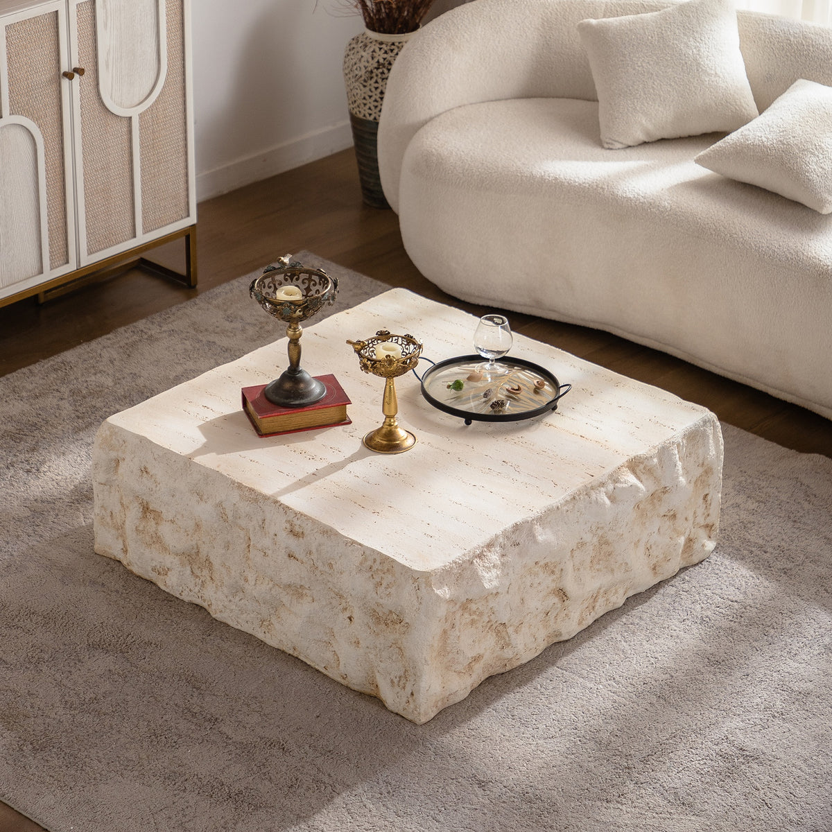 MgO Mid-Century Round Centre Coffee Table Vintage Faux Stone Sofa Pre-Modern Coffee Tables Beige Coffee Table for Living Room Office Apartment