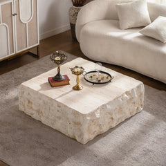 MgO Mid-Century Round Centre Coffee Table Vintage Faux Stone Sofa Pre-Modern Coffee Tables Beige Coffee Table for Living Room Office Apartment