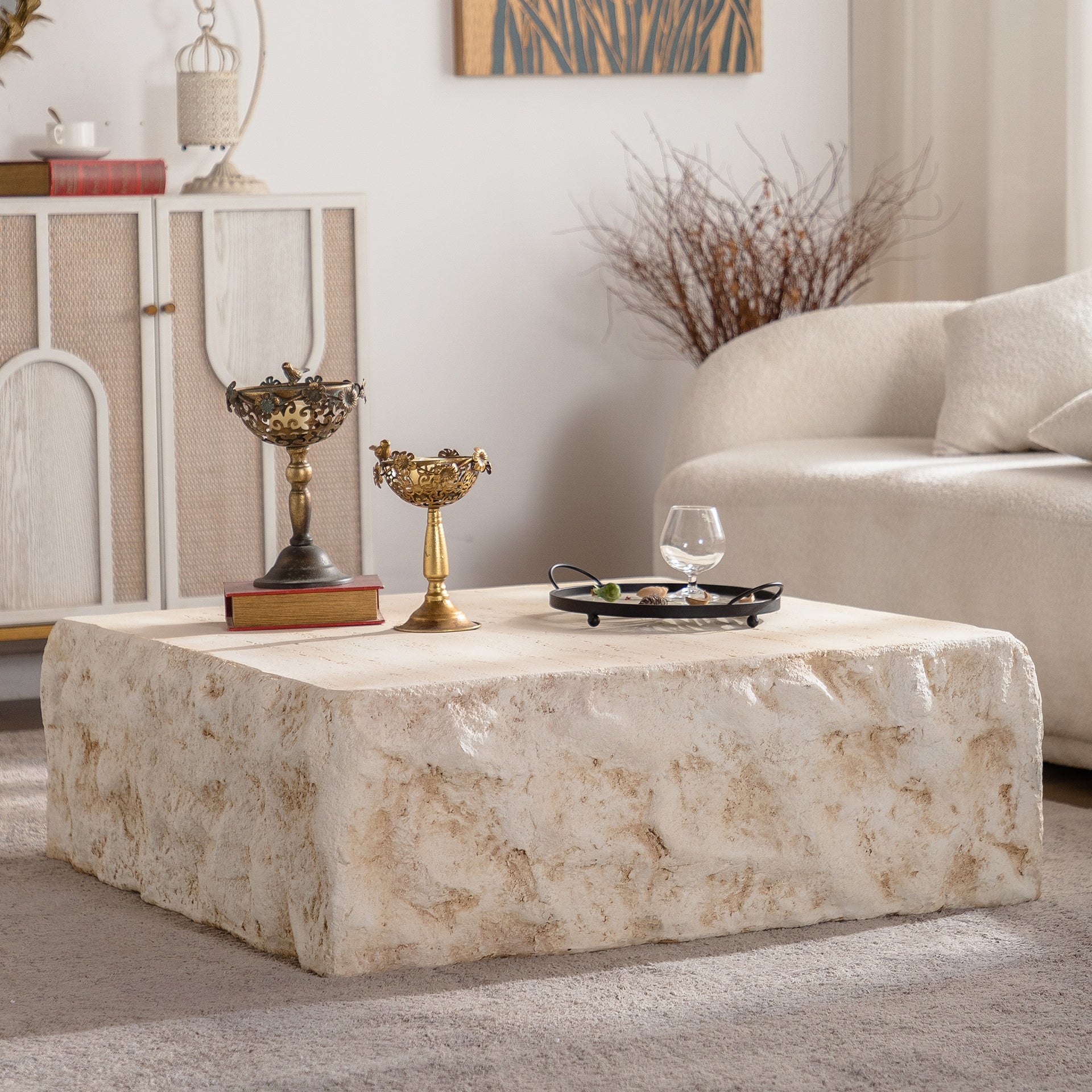 MgO Mid-Century Round Centre Coffee Table Vintage Faux Stone Sofa Pre-Modern Coffee Tables Beige Coffee Table for Living Room Office Apartment