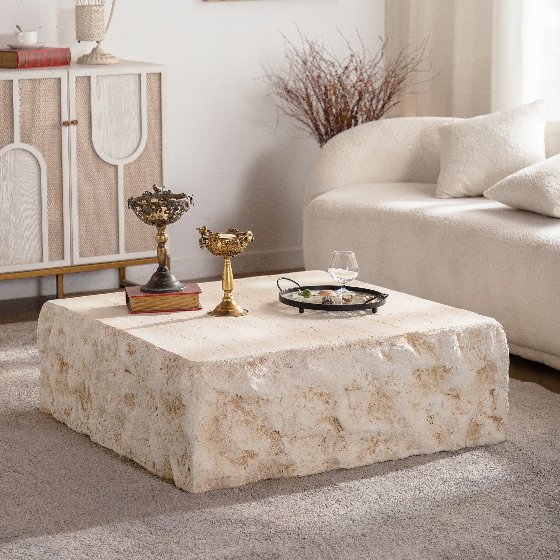 MgO Mid-Century Round Centre Coffee Table Vintage Faux Stone Sofa Pre-Modern Coffee Tables Beige Coffee Table for Living Room Office Apartment