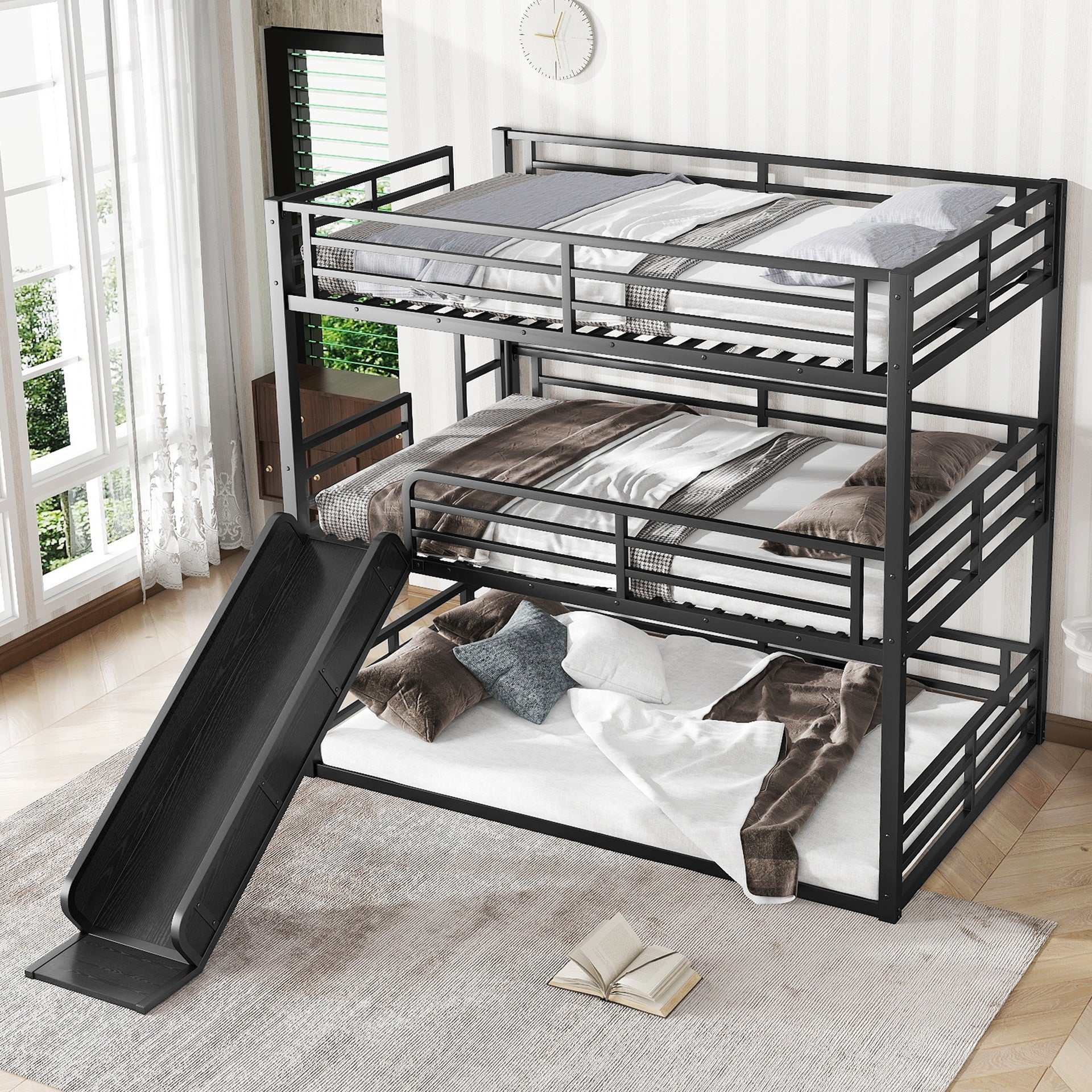 Full over Full over Full Bunk Bed with Slide, Metal Triple Bunk Bed with Safety Guardrails, Heavy-duty Bunk Bed with Noise-reduced Design, Black