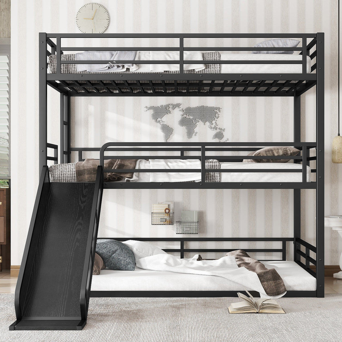 Full over Full over Full Bunk Bed with Slide, Metal Triple Bunk Bed with Safety Guardrails, Heavy-duty Bunk Bed with Noise-reduced Design, Black