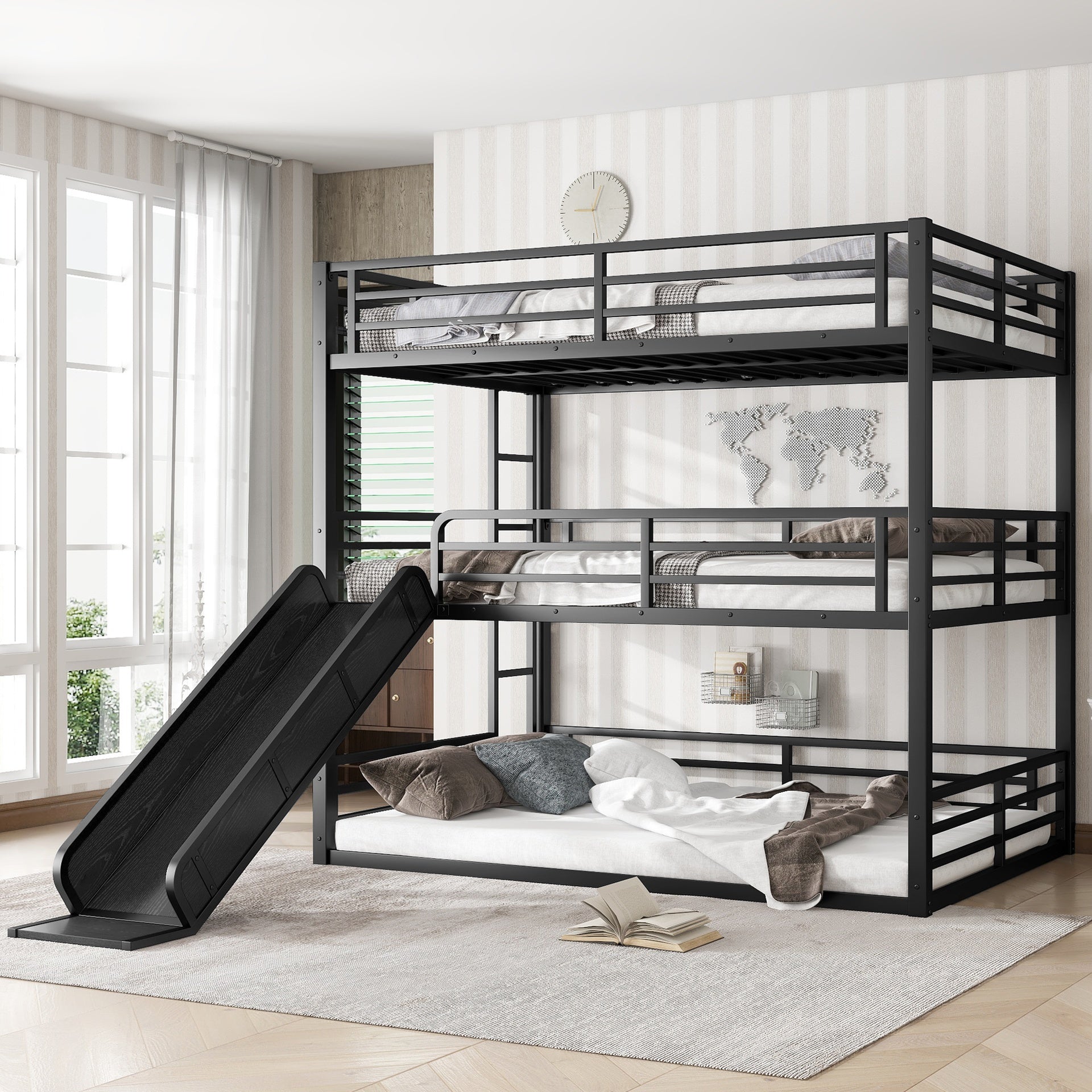 Full over Full over Full Bunk Bed with Slide, Metal Triple Bunk Bed with Safety Guardrails, Heavy-duty Bunk Bed with Noise-reduced Design, Black