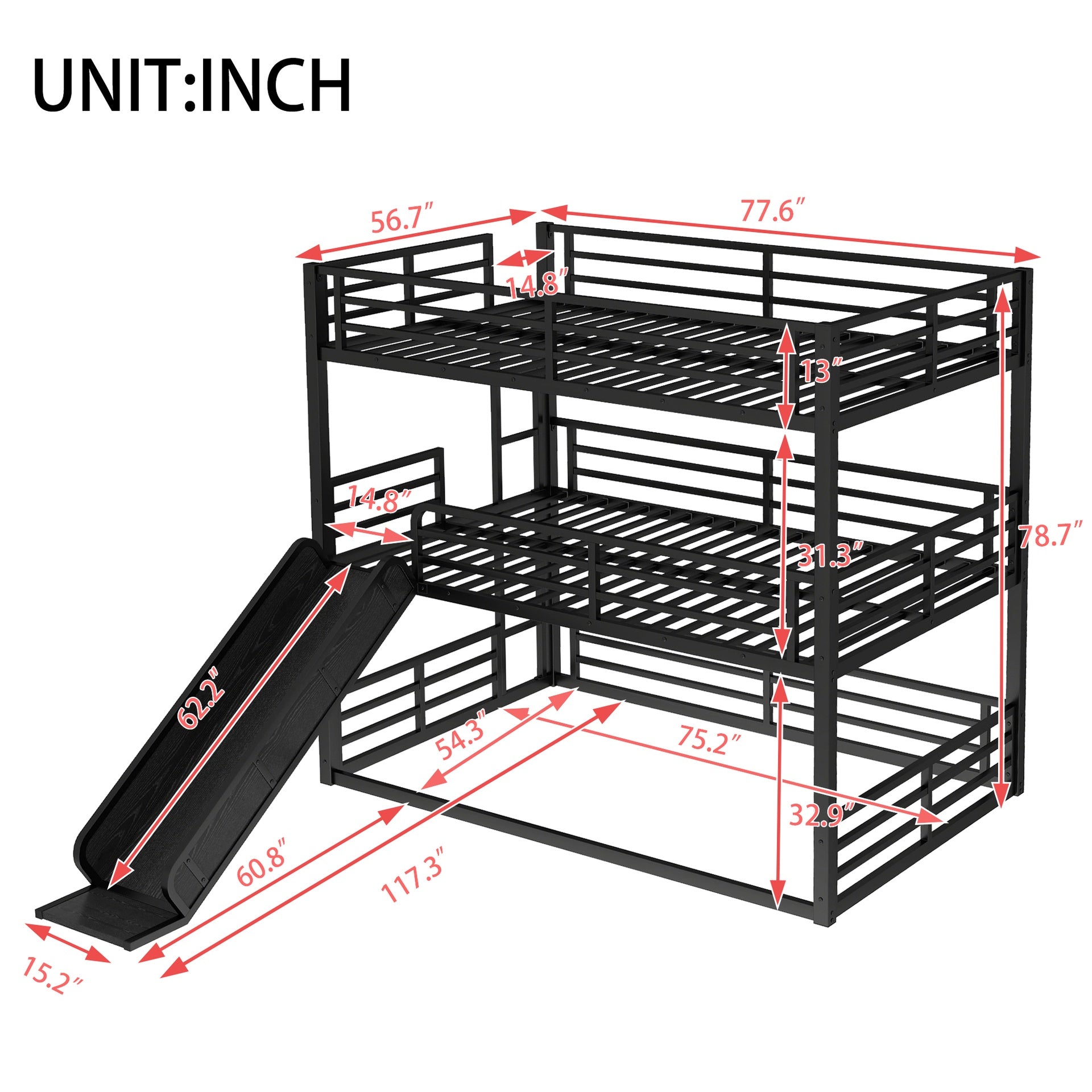 Full over Full over Full Bunk Bed with Slide, Metal Triple Bunk Bed with Safety Guardrails, Heavy-duty Bunk Bed with Noise-reduced Design, Black