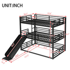 Full over Full over Full Bunk Bed with Slide, Metal Triple Bunk Bed with Safety Guardrails, Heavy-duty Bunk Bed with Noise-reduced Design, Black