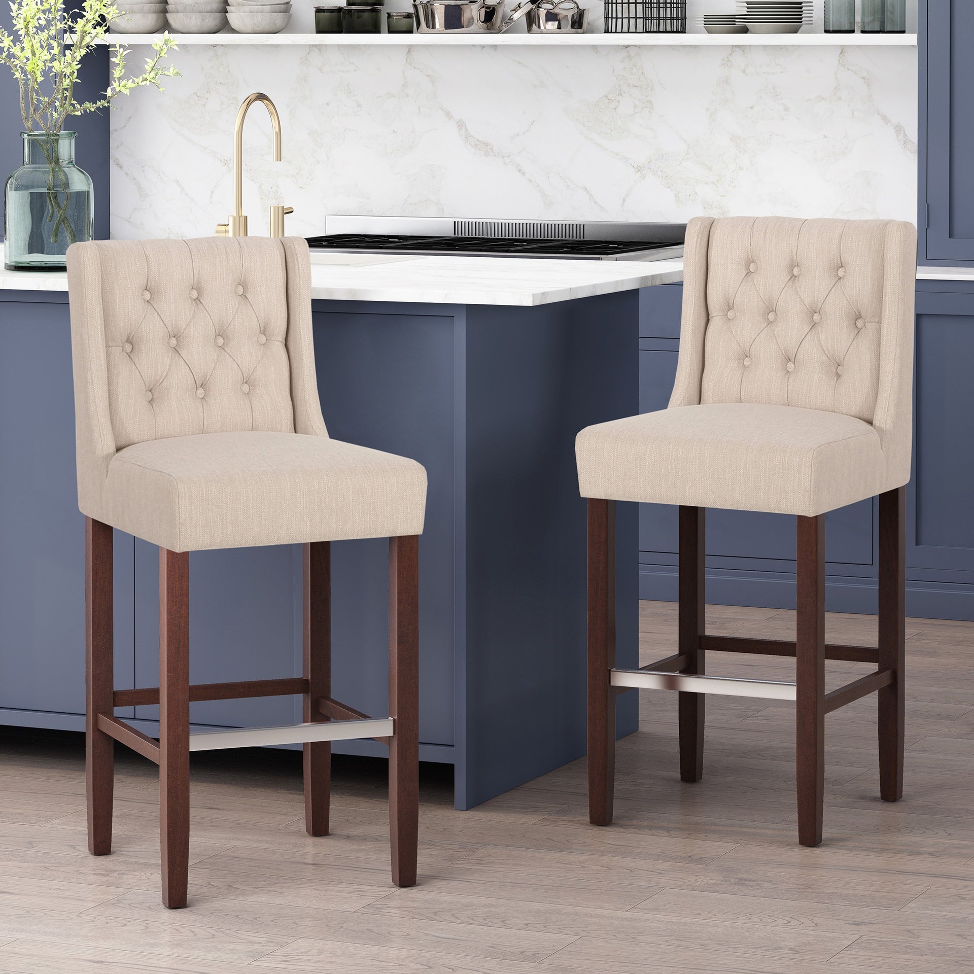 Modern Minimalist Metal Leg Bar Stool, Beige, 30" Height, High Density Fabric Seat, Commercial Grade Bar Stool