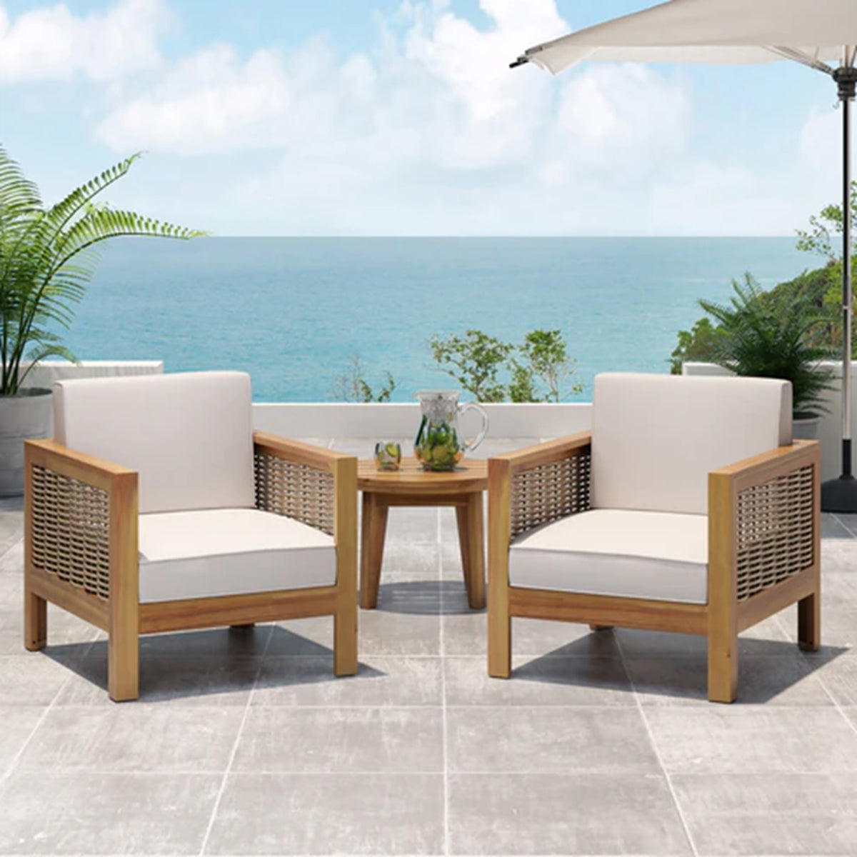 Set of 2, Outdoor Acacia Wood Club Chair with Wicker Accents, Teak Finish + Mixed Brown + Beige, 30.25"D x 27.5"W x 23.75"H