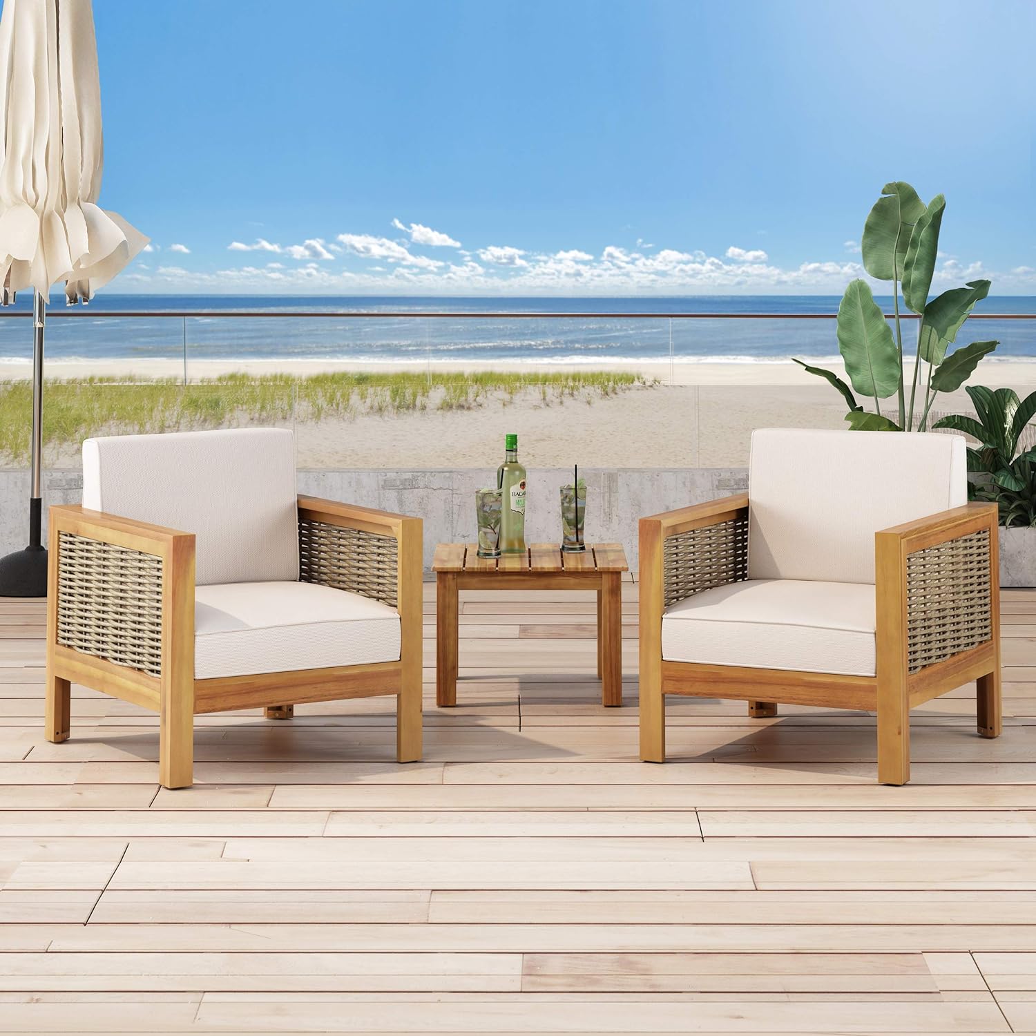 Set of 2, Outdoor Acacia Wood Club Chair with Wicker Accents, Teak Finish + Mixed Brown + Beige, 30.25"D x 27.5"W x 23.75"H